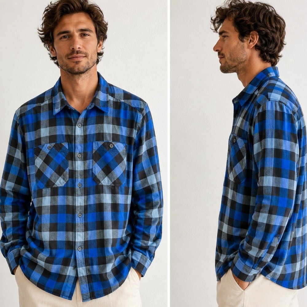 Stio Mens XXL Blue Black Buffalo Plaid Flannel Shirt 100% Organic Cotton Outdoor
